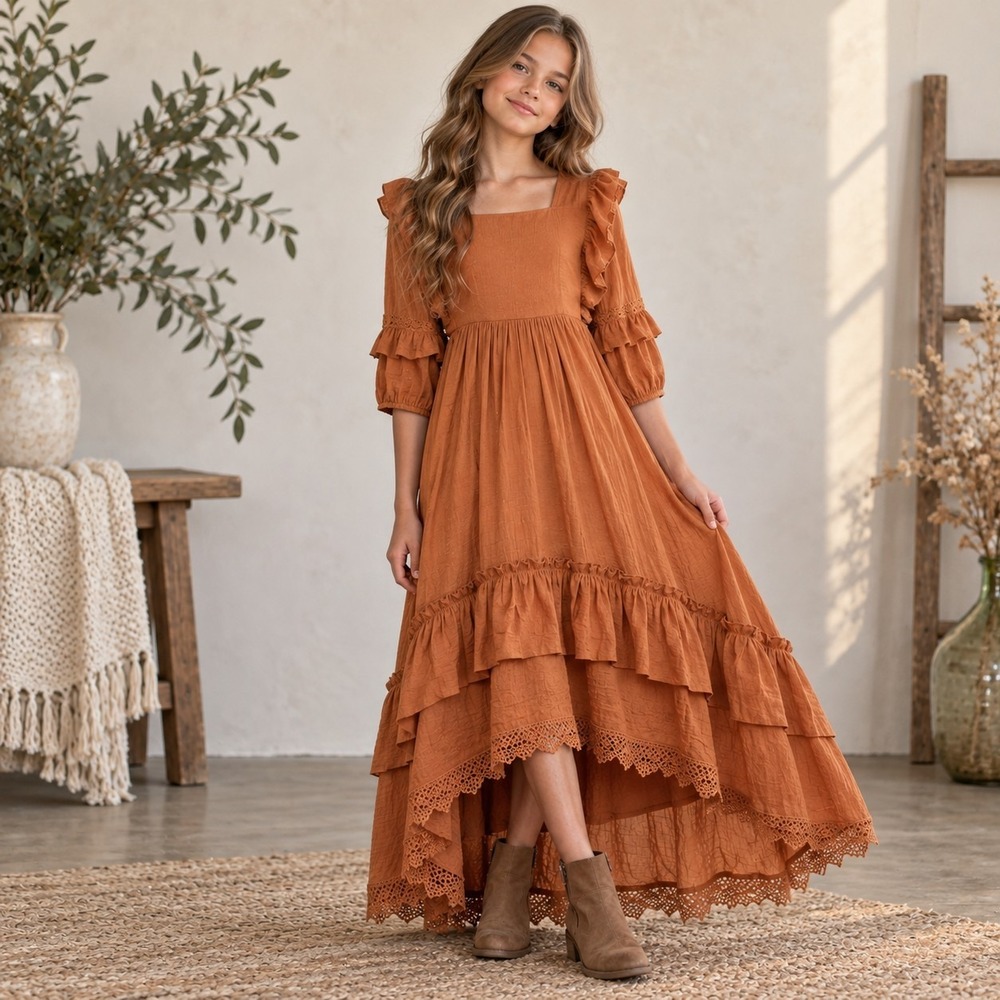 Mia Joy Joyfolie Girls 12 Rust Boho Maxi Dress High Low Lace Ruffle Prairie